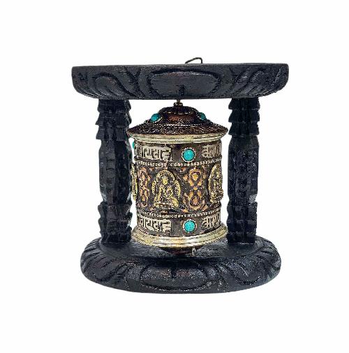 Buddhist Handmade Wall Prayer Wheel With Mantra Inside, [stone Setting], [omph], [pancha Buddha] Wall Mountable
