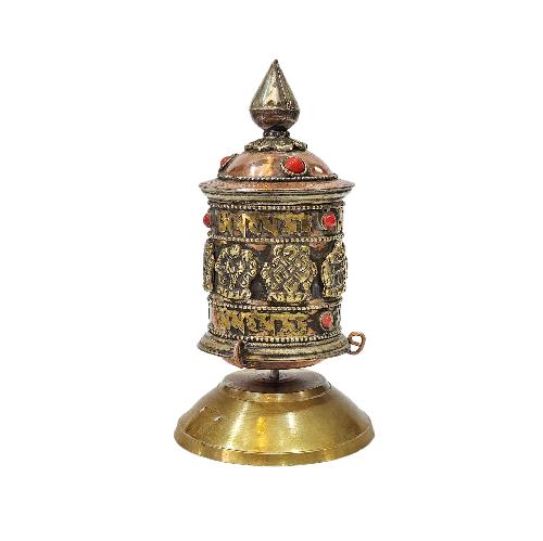 Buddhist Handmade Prayer Wheel With Mantra Inside, [ashtamangala], [omph], [stone Setting], Table Top