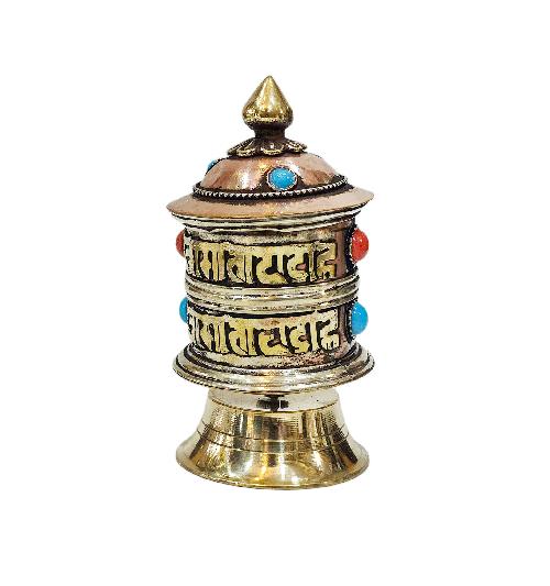 Buddhist Handmade Prayer Wheel With Mantra Inside, [omph], [stone Setting], Table Top