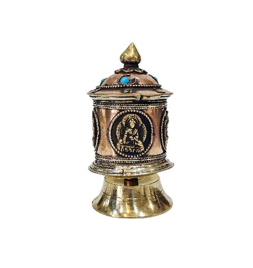 Buddhist Handmade Prayer Wheel With Mantra Inside, [pancha Buddha], [stone Setting], Table Top