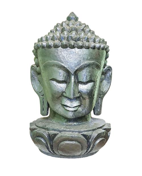 buddha Head, Handmade Wooden Mask, Wall Hanging, Painted, Poplar Wood