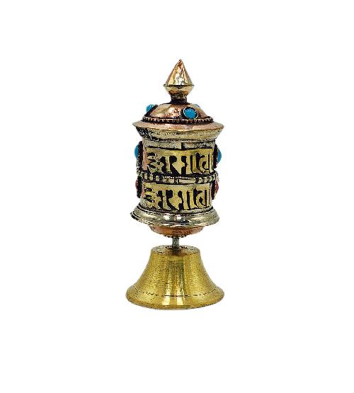 Buddhist Metal Prayer Wheel table Top, omph, stone Setting