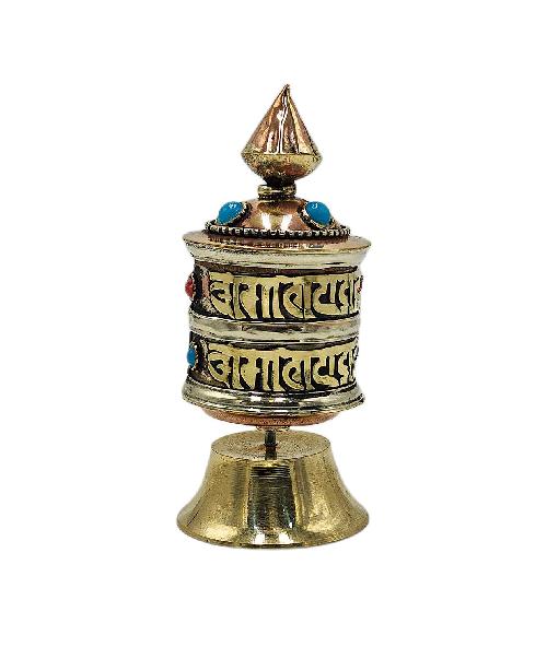 Buddhist Metal Prayer Wheel table Top, omph, stone Setting