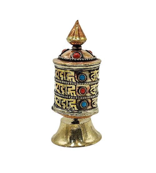 Buddhist Metal Prayer Wheel table Top, omph, stone Setting