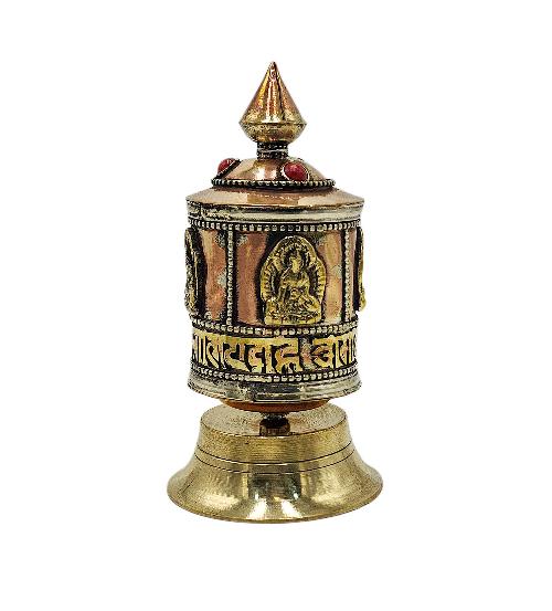 Buddhist Metal Prayer Wheel [table Top], [omph], [stone Setting] And [stone Setting]