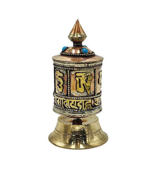 Buddhist Metal Prayer Wheel table Top, omph, stone Setting