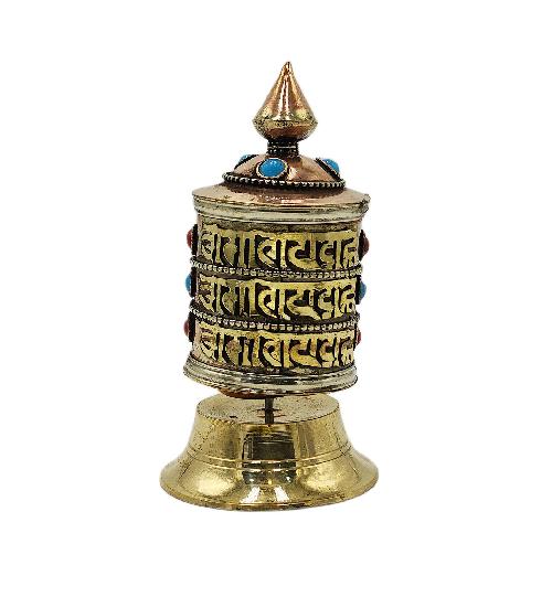 Buddhist Metal Prayer Wheel table Top, omph, stone Setting