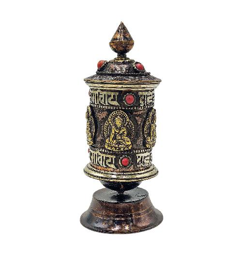 Buddhist Metal Prayer Wheel table Top, omph, pancha Buddha And stone Setting