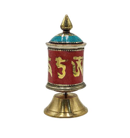 Buddhist Metal Prayer Wheel table Top, omph, stone Setting