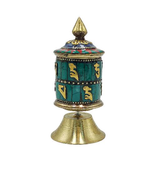 Buddhist Metal Prayer Wheel table Top, omph, stone Setting