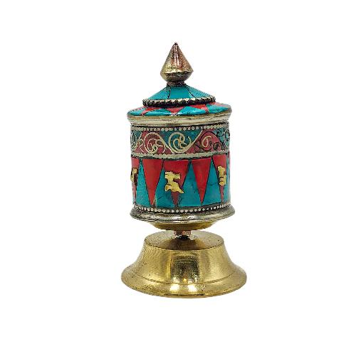 Buddhist Metal Prayer Wheel table Top, omph, stone Setting