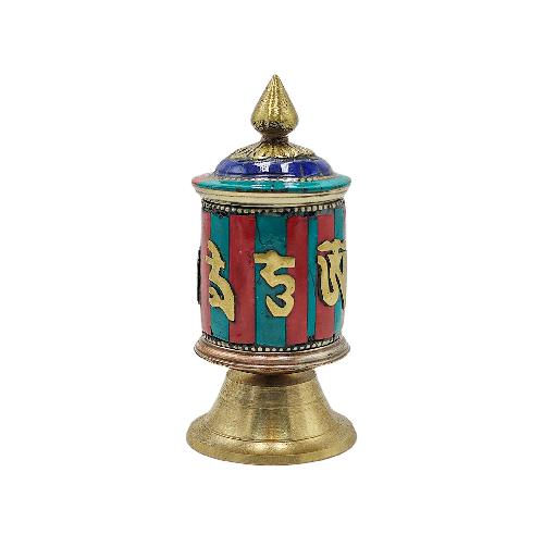 Buddhist Metal Prayer Wheel table Top, omph, stone Setting