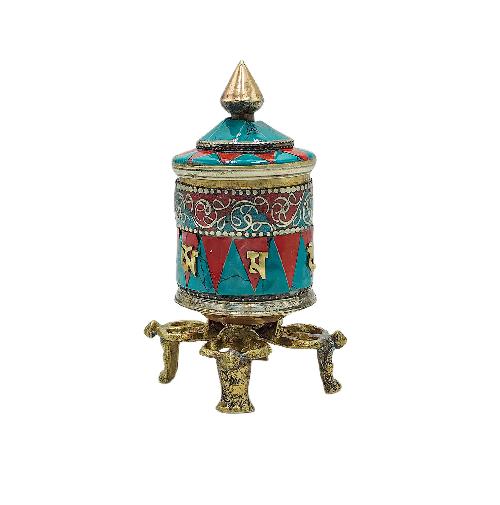 Buddhist Metal Prayer Wheel table Top, omph, stone Setting