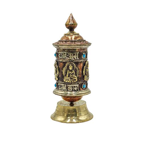 Buddhist Metal Prayer Wheel table Top, omph, pancha Buddha And stone Setting