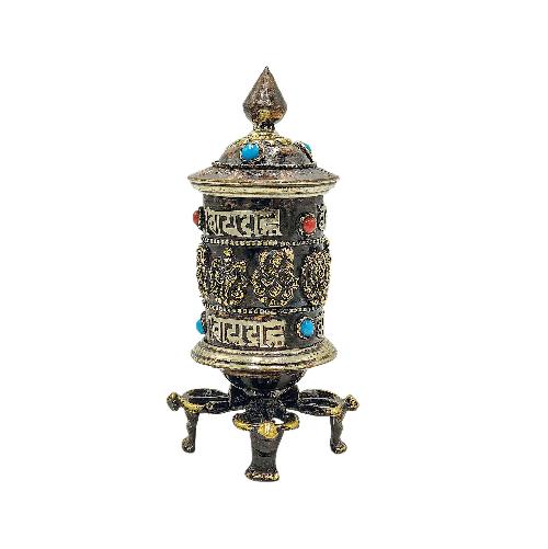 Buddhist Metal Prayer Wheel table Top, omph, ashtamangala And stone Setting