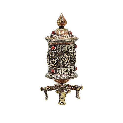 Buddhist Metal Prayer Wheel table Top, omph, ashtamangala And stone Setting