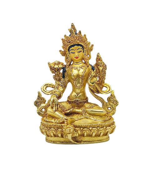 green Tara Buddhist Miniature Statue, gold Plated, face Painted