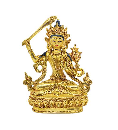 manjushri Buddhist Miniature Statue, gold Plated, face Painted