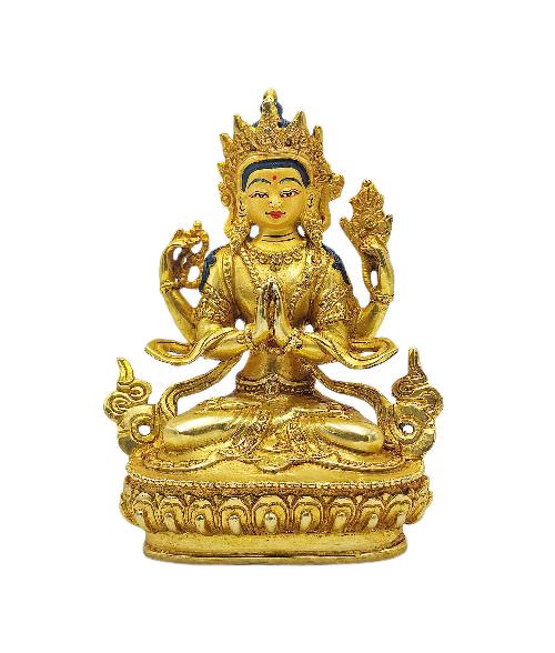 chenrezig Buddhist Miniature Statue, gold Plated, face Painted