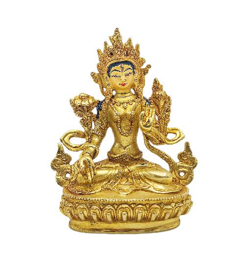 white Tara Buddhist Miniature Statue, gold Plated, face Painted