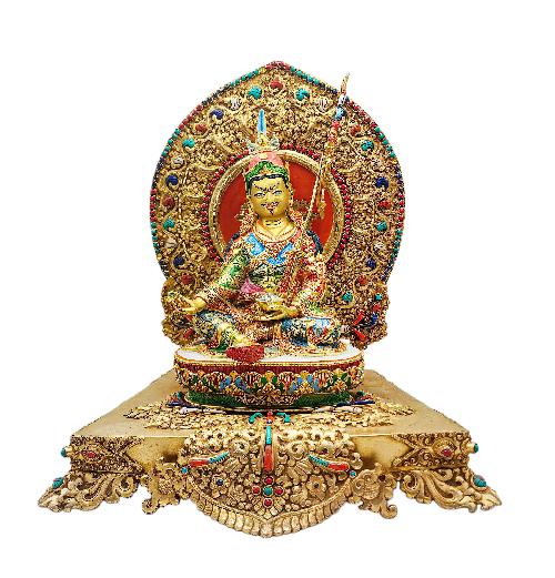 padmasambhava Buddhist Handmade Statue On Throne, gold Plated, thangka Color Finishing, stone Setting, face Painted