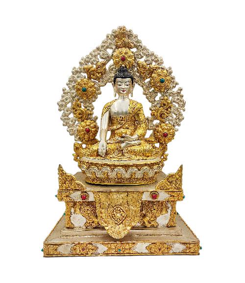 shakyamuni Buddha Buddhist Handmade Statue On Throne, silver And Gold Plated, stone Setting