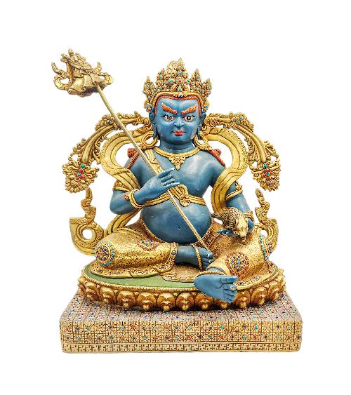 black Jambhala Buddhist Handmade Statue, gold Plated, thangka Color Finishing, stone Setting