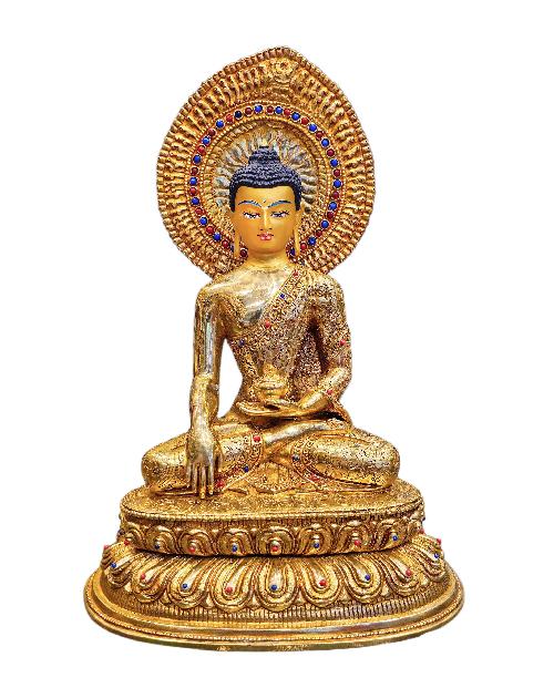 shakyamuni Buddha, Buddhist Handmade Statue, full Gold Plated, stone Setting, face Paint