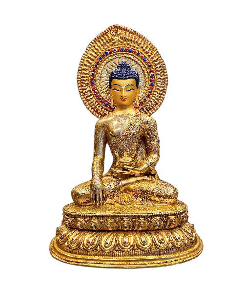 shakyamuni Buddha, Buddhist Handmade Statue, full Gold Plated, stone Setting, face Paint