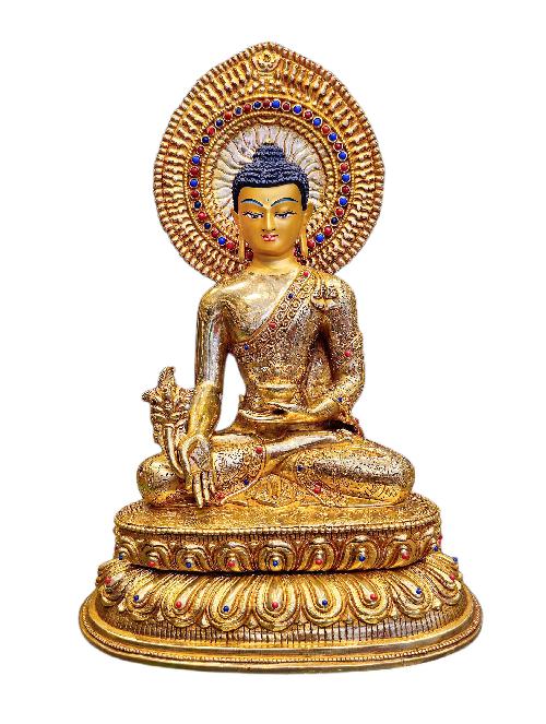 medicine Buddha, Buddhist Handmade Statue, full Gold Plated, stone Setting, face Paint