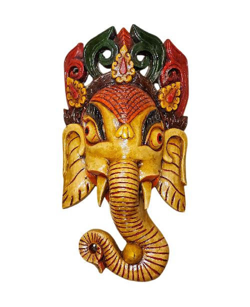 ganesh, Handmade Wooden Mask, Wall Hanging, thangka Color Finishing, Poplar Wood