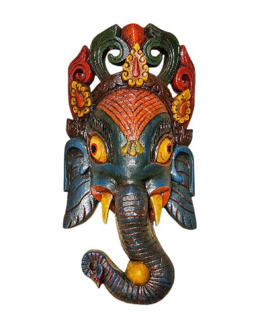 ganesh, Handmade Wooden Mask, Wall Hanging, thangka Color Finishing, Poplar Wood