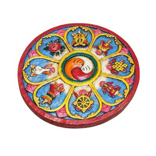 ashtamangala, Handmade Wooden Wall Hanging, thangka Color Finishing, Poplar Wood