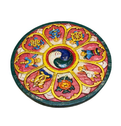 ashtamangala, Handmade Wooden Wall Hanging, thangka Color Finishing, Poplar Wood
