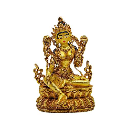 green Tara, Buddhist Miniature Statue, full Gold Plated, face Painted