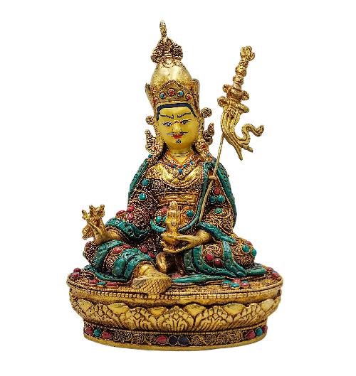 padmasambhava, Buddhist Handmade Statue, stone Setting, full Gold Plated, face Painted