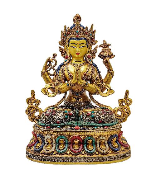chenrezig, Buddhist Handmade Statue, stone Setting, full Gold Plated, face Painted