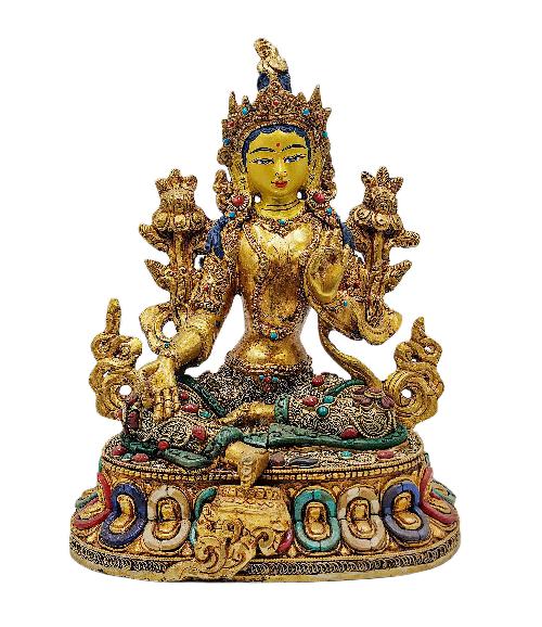 green Tara, Buddhist Handmade Statue, stone Setting, full Gold Plated, face Painted