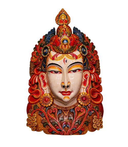 white Tara, Buddhist Handmade Wooden Mask, Wall Hanging, thangka Color Finishing, Poplar Wood