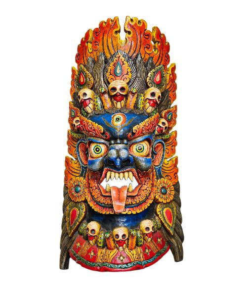 bhairav, Buddhist Handmade Wooden Mask, Wall Hanging, thangka Color Finishing, Poplar Wood