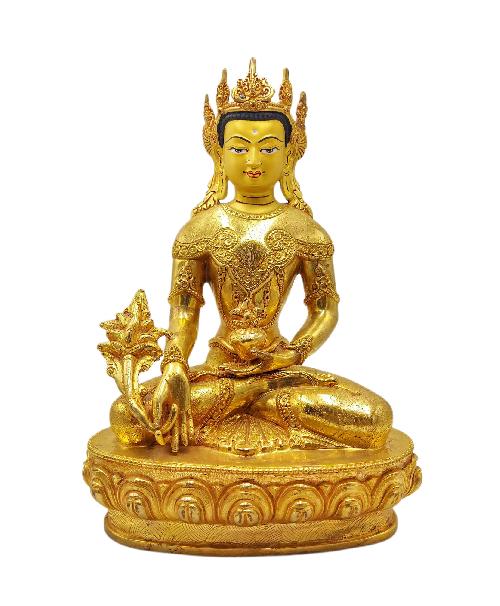 medicine Buddha, Buddhist Statue With Crown, full Gold Plated, face Painted