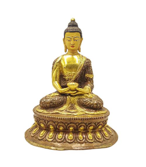 amitabha Buddha, Buddhist Statue With Double Base And Deep Carving, partly Gold Plated, face Painted