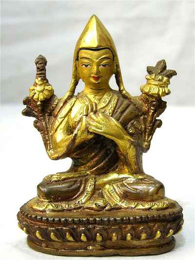 Tsongkhapa Statue, [partly Gold Plated], [painted Face]