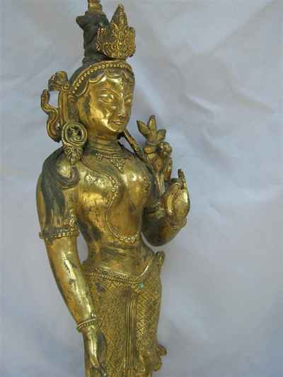 Green Tara Statue, [full Gold Plated], [antique Finishing], [sold]