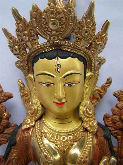 White Tara Statue, [partly Gold Plated], [painted Face]