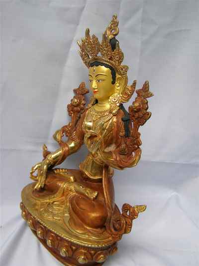 White Tara Statue, [partly Gold Plated], [painted Face]