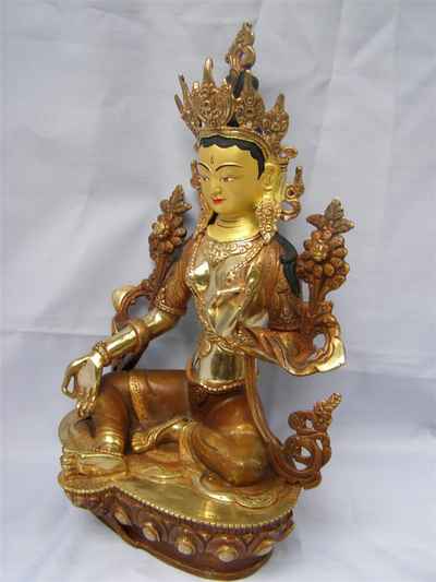 Green Tara Statue, [partly Gold Plated], [painted Face]