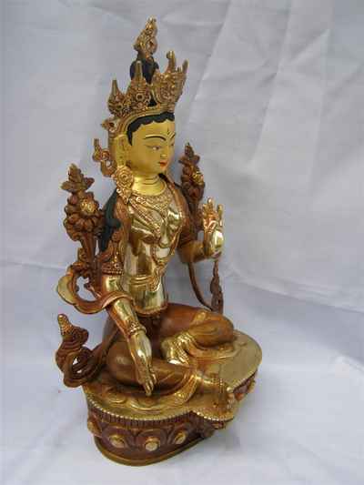 Green Tara Statue, [partly Gold Plated], [painted Face]