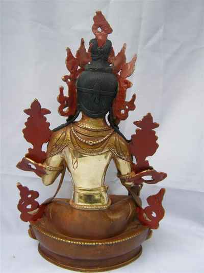 Green Tara Statue, [partly Gold Plated], [painted Face]