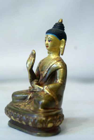 Amoghasiddhi Buddha Statue, [partly Gold Plated], [painted Face]